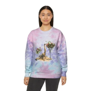 Dino Tie-Dye Sweatshirt, Brachiosaurus Eating from Flower Bouquet, Unisex
